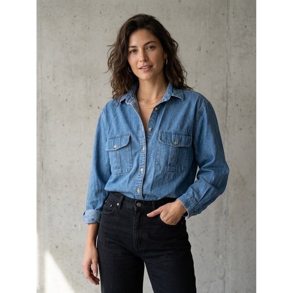 Cabelas Women's Denim Button Down Shirt Medium Wash Cotton Utility Top Large